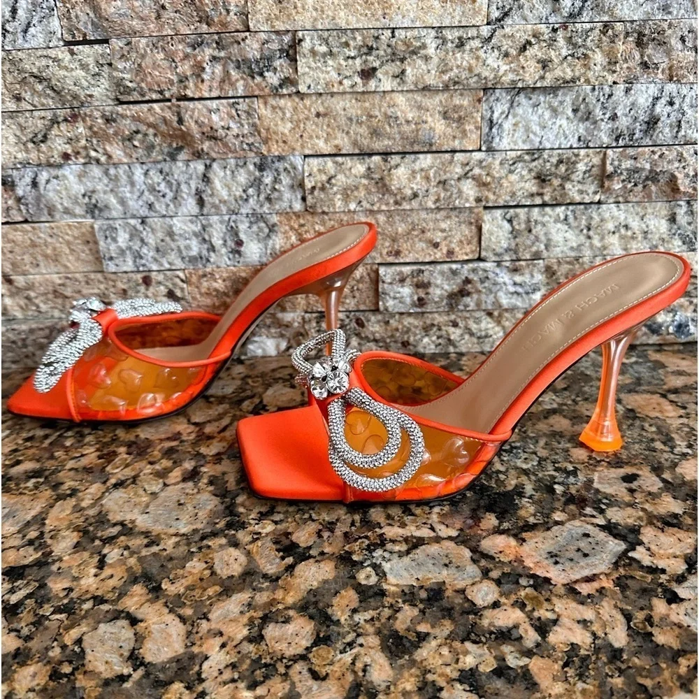 Mach & Mach Hearts Crystal Double Bow Square Toe Slide Sandal in Orange